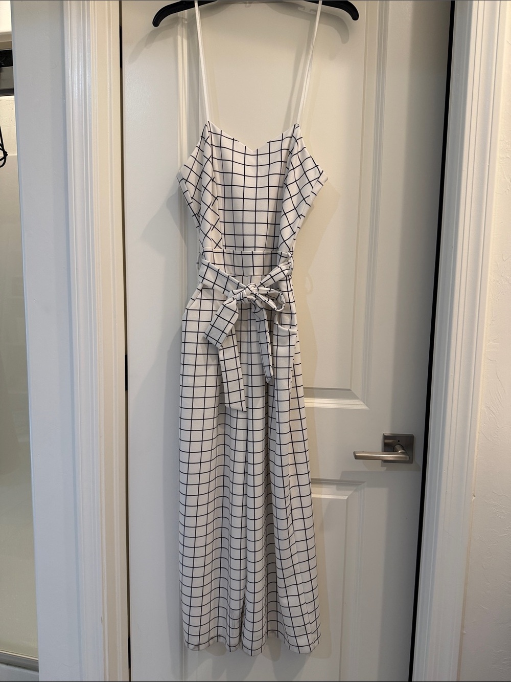 White/Black Grid Print Spaghetti Strap Jumper with Waist Tie + Pockets